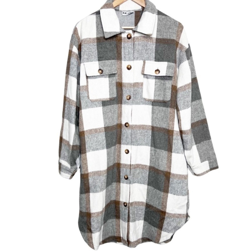 KatyDID Womens Plaid Shacket Long‎ Sleeve Button Down Oversized Shirt Jacket - Picture 3 of 16
